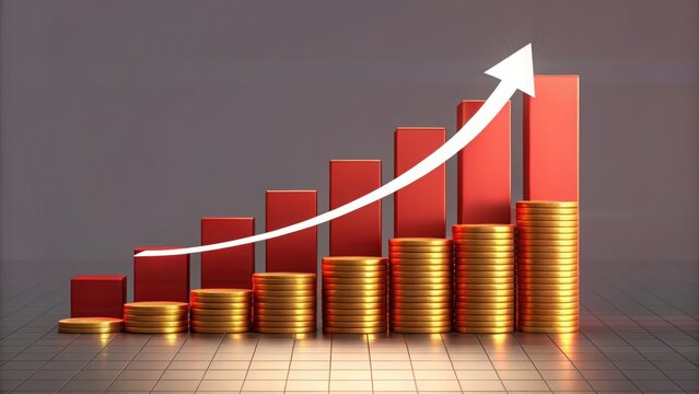 Financial growth chart with stacks of gold coins and upward arrow