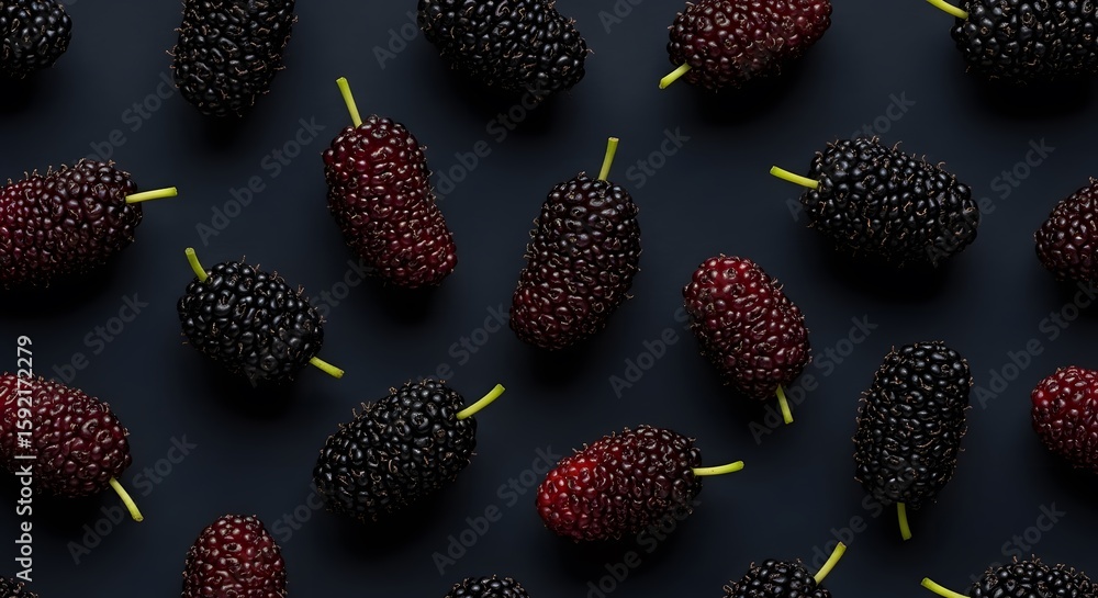Poster dark background showcases a vibrant arrangement of mulberries, their deep hues creating a rich tapes