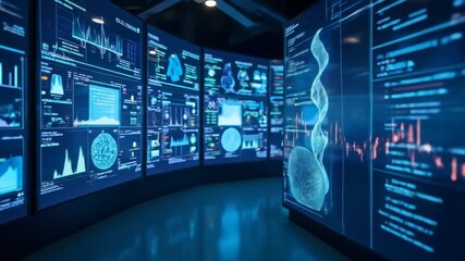Data Monitoring Wall Displays DNA and Market Graphs in a High Tech Control Room - Powered by Adobe