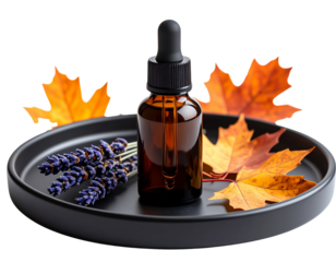  Angled Side Shot of Face Oil Bottle with Dried Lavender and Maple Leaves on Ceramic Plate