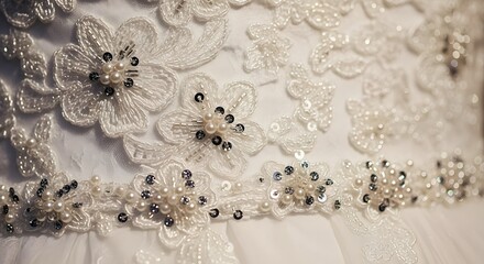 Elegant beaded lace adorns this exquisite dress, showcasing intricate floral patterns and shimmering pearls. A masterpiece of delicate craftsmanship, it radiates timeless beauty and sophistication.
