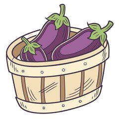 cartoon style vector of eggplants in a wooden bask