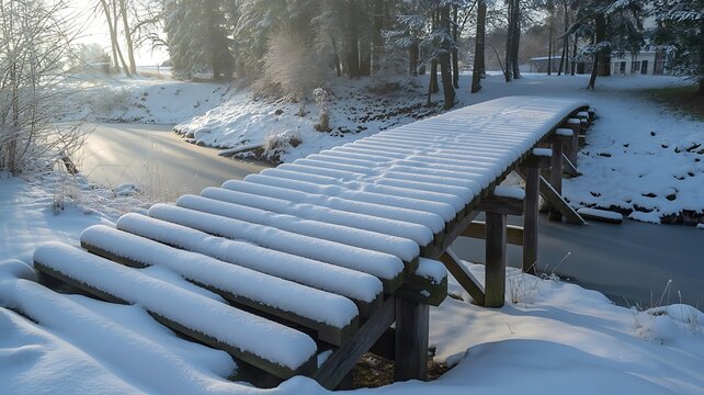 Snow covered wooden footbridge crossing a frozen stream in a serene winter forest landscape with sunlight filtering through the trees - Powered by Adobe