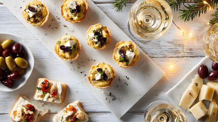 Festive Appetizer Spread with Mini Quiches and Wine Glasses