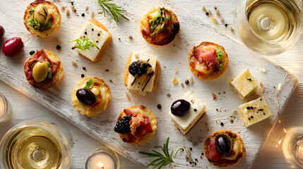 Elegant Platters of Appetizers and Cheese with Wine Glasses
