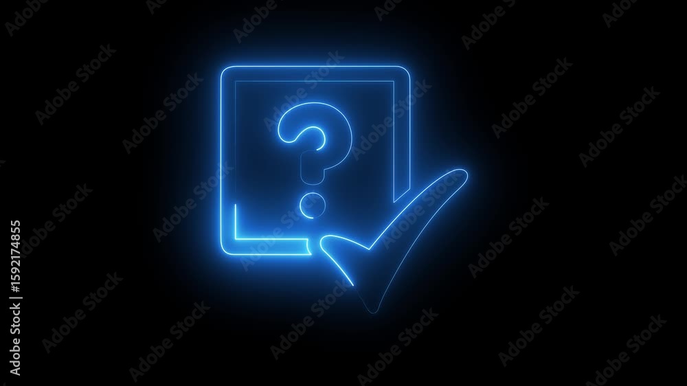 Poster neon check mark with question mark animation on black background.