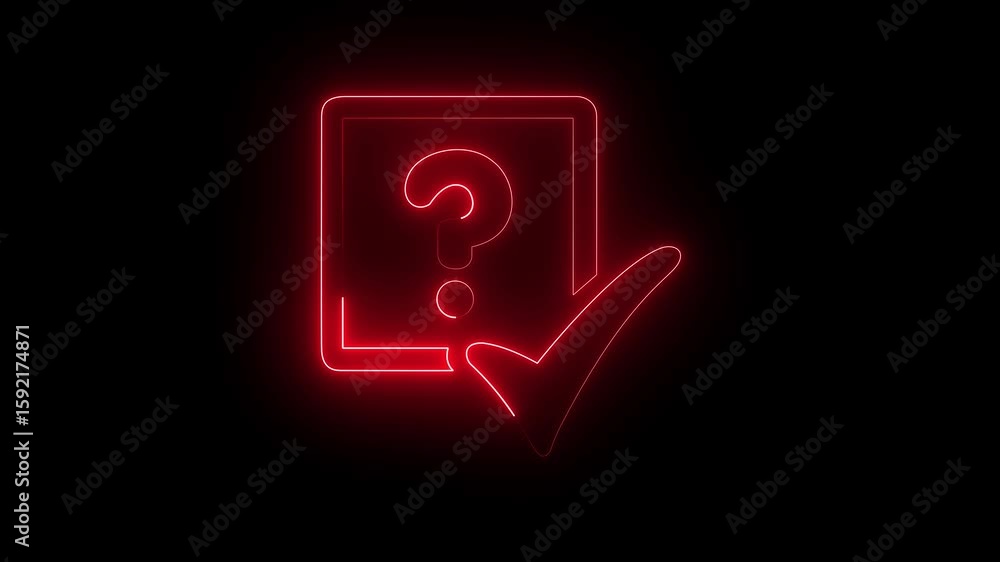 Poster neon check mark with question mark animation on black background.