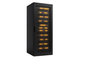 Single server rack with orange lights isolated on transparent background