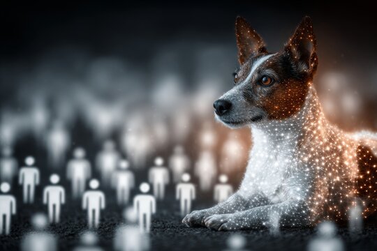 Holographic projections of adopters surround dog in futuristic shelter. Virtual adoption. Shelter's birthday event for senior dog misses adopters, evoking sadness. Adoption event.