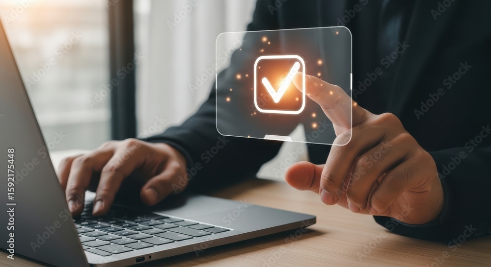 Poster photo of a persons finger touches a glowing checkmark icon on a transparent screen, signifying task 