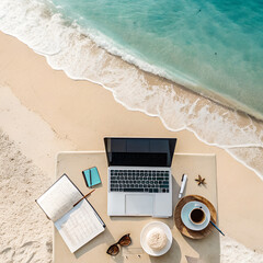 laptop on the beach with the coffee and other things.

