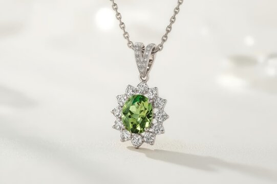 Elegant green gemstone pendant necklace silver chain luxury jewelry emerald peridot diamond halo precious stone fashion accessory
