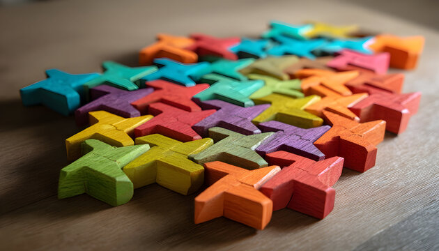 Colorful wooden puzzle pieces forming shape   - - Powered by Adobe