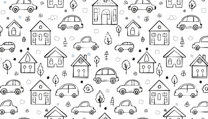 hand drawing seamless pattern with houses for kids.graphic, children, elegant, grey, minimalist, monochrome, print, window, cosy, drawing, fabric, hand-drawn, repeat, simple, sketchy, vignetting, 