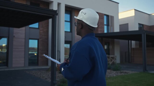 The foreman evaluates the finished object standing near the house