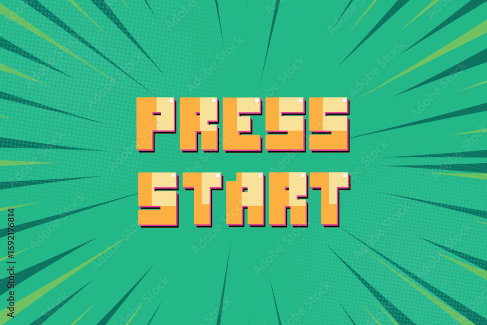 Poster press start icon on green background. pixel art. 8 bit game. retro game. for game assets in vector i