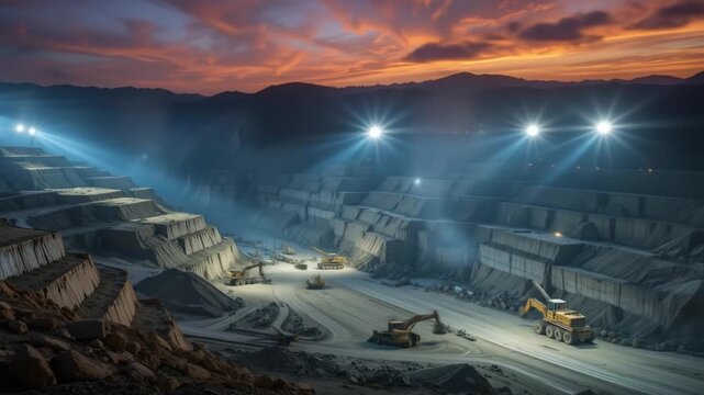 A mine illuminated by powerful spotlights at sunset, showing off multi-story excavations and heavy machinery. 4k video