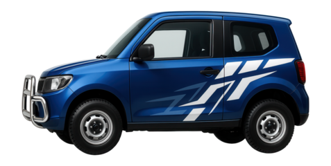 Blue and white compact patrol vehicle with distinctive side graphics and a bull bar