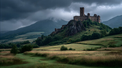 A castle is on a hill with a stormy sky in the background. The castle is surrounded by a lush green field