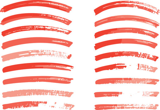 Brush texture red stroke underline highlight. Marker red pen highlight stroke. Vector hand drawn brush underline element set for accent, crayon texture emphasis effect. Chalk vector.illustration, red,