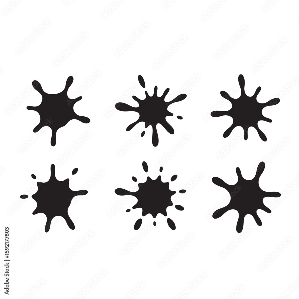 Poster six black ink splatters arranged in two rows on a white background in a graphic design style