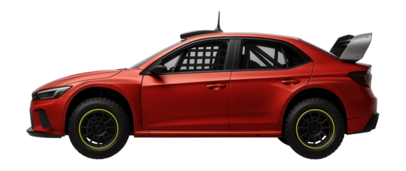 Rally car with distinctive roof-mounted antenna and side window nets