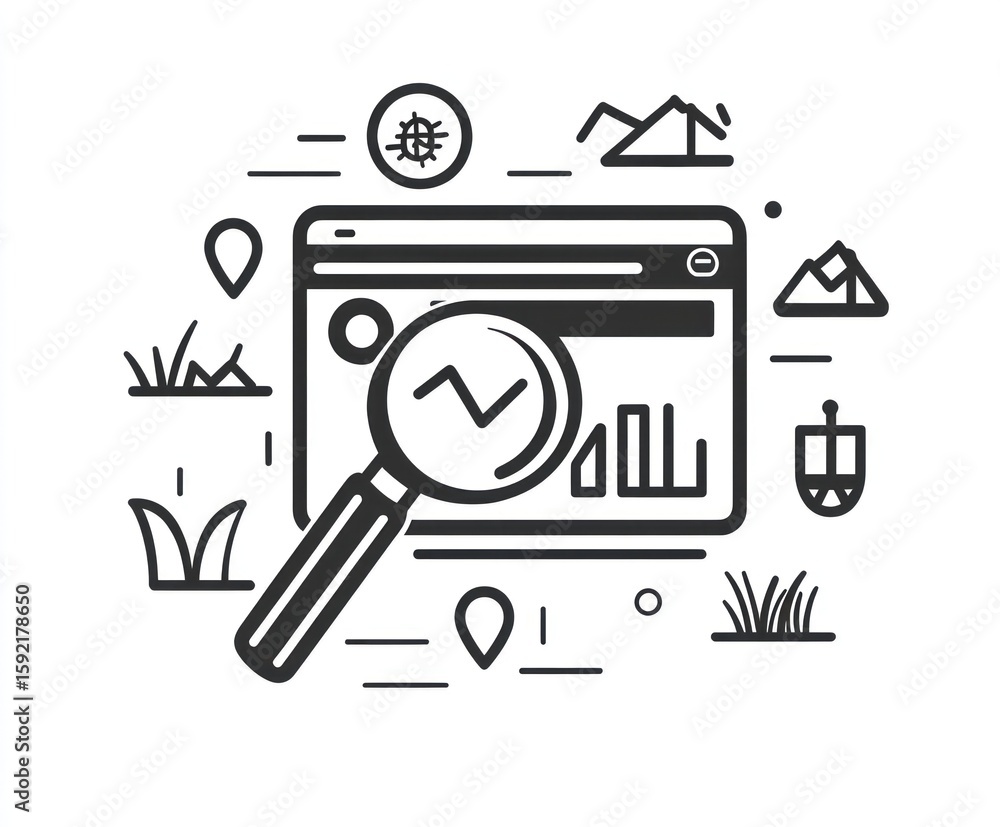 Fototapete Abstract graphic of a web browser window with magnifying glass, examining data and various related icons