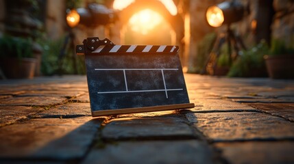 Film clapperboard on cobblestone pavement at sunset