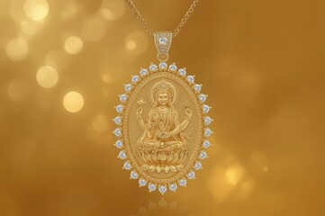 Elegant gold religious pendant necklace Hindu goddess Lakshmi jewelry spiritual luxury accessory traditional Indian design diamond crystals
