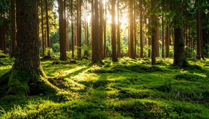 Fototapeta premium Sunlight streams through a mossy forest floor