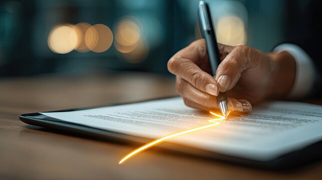 Hand Signing a Legal Document with Golden Light