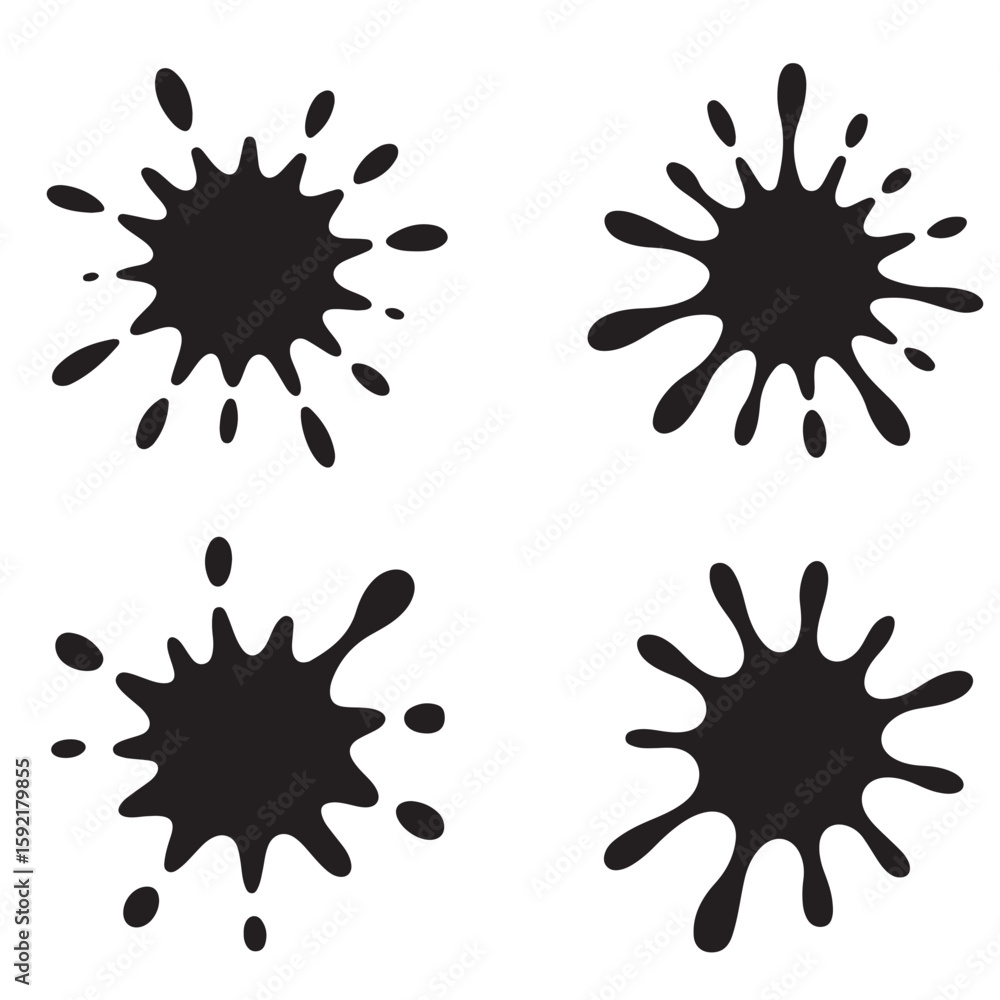 Poster four black ink blots or splatters arranged in a square pattern on a plain white background image