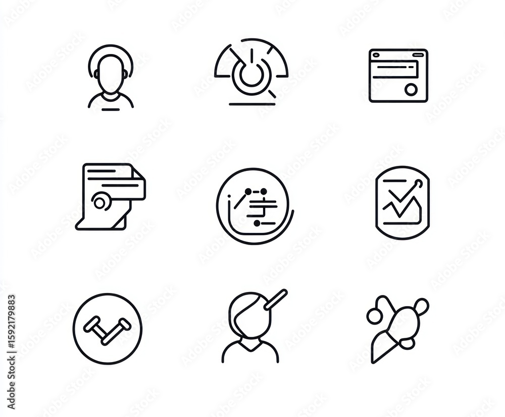 Poster simple, linear icons representing various business/tech concepts