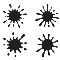 Four black ink blots or splatters arranged in a square pattern on a plain white background image