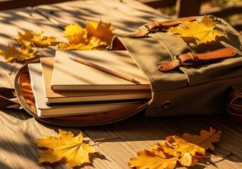 Backpack Ready for School: Notebooks and Fall Leaves