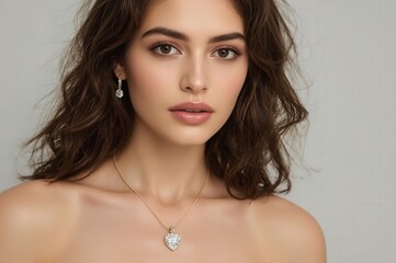 Elegant woman portrait natural beauty makeup jewelry necklace fashion model studio photography commercial lifestyle glamour beauty

