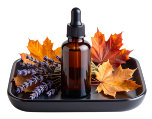 Front View of Dark Glass Face Oil Bottle on Black Ceramic Tray with Lavender and Maple Leaves.