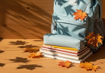 Fresh Start: New Backpack with School Supplies and Autumn Leaves