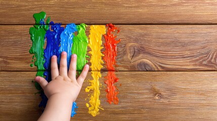 Child's hand reaching out to colorful paint strokes on wood.