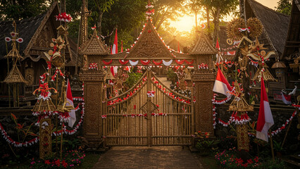 Fototapeta premium Indonesian gate decorated with red and white flags for August 17 celebration.