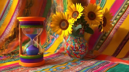 Colorful still life with sunflowers, hour glass and vibrant fabric - Powered by Adobe