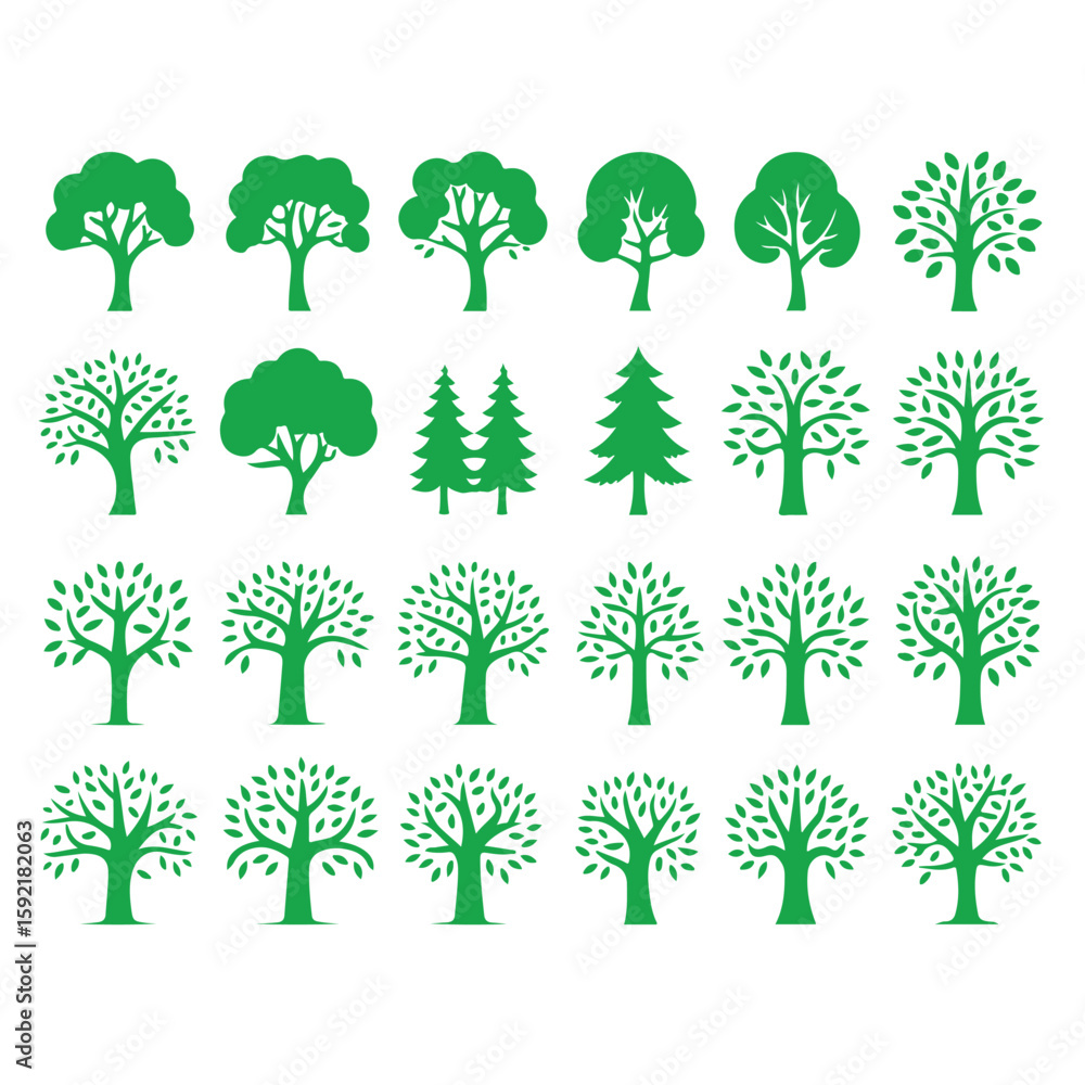 Poster a collection of twenty two green tree illustrations with various shapes and foliage on a white backg