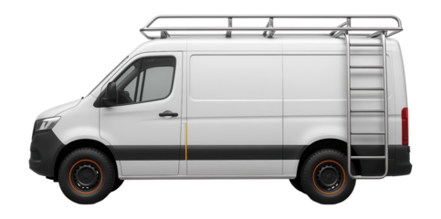 Boxy commercial van with a reinforced roof rack and side-mounted ladder