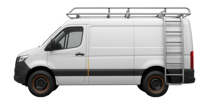 Boxy commercial van with a reinforced roof rack and side-mounted ladder