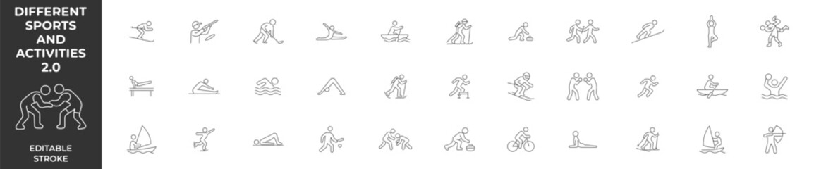 Kinds of sports and activities. Editable stroke. Different sports and activities. Vector illustration