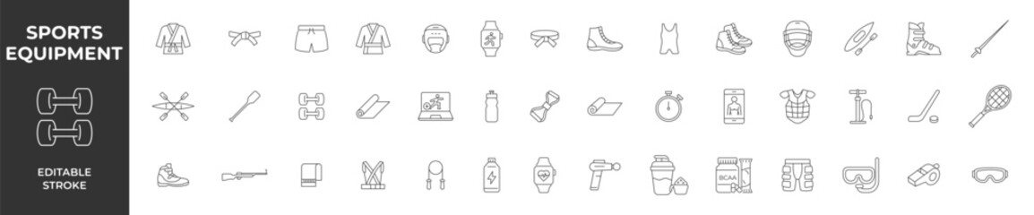Sports equipment outline icon set. Sport and Fitness web icons in line style. Editable stroke. Vector illustration