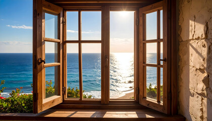 Bright Sunny Ocean View from Open Wooden Window