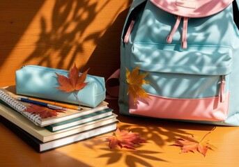 Fresh Start: New Backpack with School Supplies and Autumn Leaves