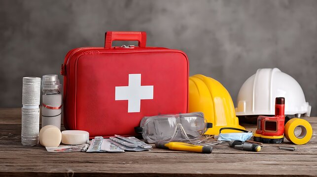 First aid kit and safety equipment in a home, National Safety Month, preparedness and protection .