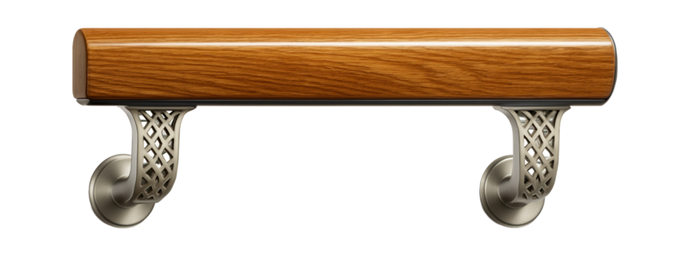 Timber handrail with a varnished surface and decorative end brackets